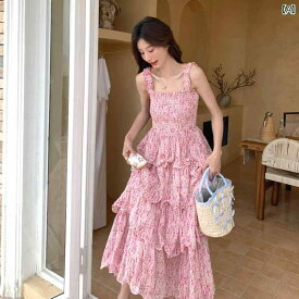 レディース ファッション オシャレ カワイイ 女性用 シンプル 大人カワイイ 大きいサイズ 婦人服 ピンク シフォン 花柄 ドレス 夏 ティーブレイク ケーキ ドレス