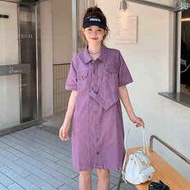 レディース ファッション オシャレ カワイイ 女性用 シンプル 大人カワイイ 大きいサイズ 婦人服 紫色 デニム ドレス 夏 ポロシャツ ドレス