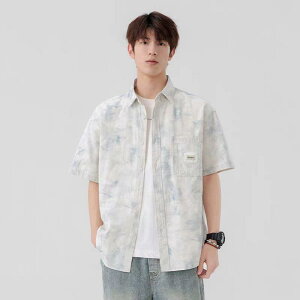 メンズ ファッション 服 用 オシャレ シンプル 大人 かっこいい ストリート 夏コーデ トップス 半袖 シャツ 薄手 水墨画 プリント カジュアル ワーク ウェア ジャケット