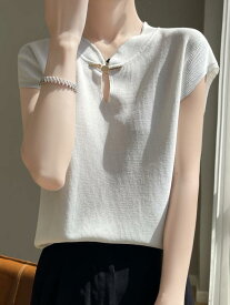 レディース ファッション 服 オシャレ カワイイ 女性用 シンプル 大人カワイイ 大きいサイズ 婦人服 夏 冷感 ニット 半袖 スタンドカラー プレート ボタン 無地 半袖 T シャツ