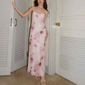 ファッション 服 オシャレ カワイイ シンプル 大カワイイ サイズ 婦服 ワンピース フレンチ ピンク プリント ロング ドレス U ネックスリム