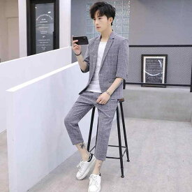 メンズ ファッション 服 男性用 オシャレ シンプル 大人 かっこいい 大きいサイズ ストリート 紳士服 夏 ミッド スリーブ スーツ スリム チェック柄 デリバリー T シャツ