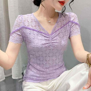 秋冬 コーデ レディース ファッション オシャレ 服 カワイイ シンプル 大人カワイイ 大きいサイズ エレガント Vネック 半袖 T シャツ スリムフィット ビーズ レース トップス