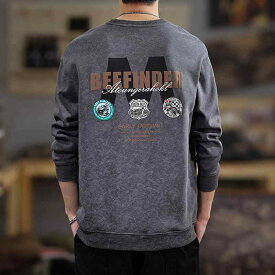 秋冬 コーデ メンズ 服 シンプル ファッション オシャレ 大人 かっこいい 大きいサイズ ストリート 紳士服 ハイエンド グレー カジュアル スウェットシャツ ゆったり フォーム プリント ラウンドネック トップス