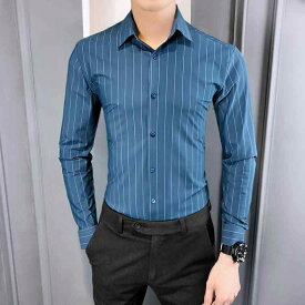 春 コーデ メンズ 服 シンプル ファッション オシャレ 大人 かっこいい 大きいサイズ ストリート 紳士服 ライト ハイエンド シームレス ストライプ シャツ 長袖 ビジネス スムーズ アイロン フリー シャツ スリムフィット