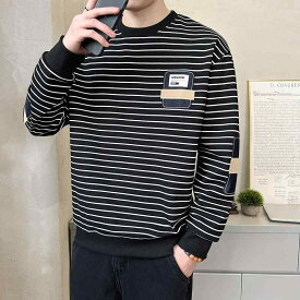 秋冬 コーデ メンズ 用 服 シンプル ファッション オシャレ 大人 かっこいい 大きいサイズ ストリート 紳士服 アップリケ ストライプ カラー ブロッキング ラウンドネック スウェットシャツ 長袖 プルオーバー 普段着 T シャツ
