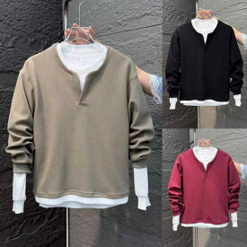 秋冬 メンズ 用 服 シンプル ファッション オシャレ 大人 かっこいい 大きいサイズ ストリート 紳士服 フェイク ツーピース ラウンドネック スウェット シャツ 秋 カジュアル カップル 無地 長袖 トップス