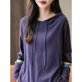 春 コーデ レディース ファッション オシャレ カワイイ シンプル きれいめ ナチュラル 上品カジュアル 婦人服 カジュアル カラーマッチング コットン フード付き ニット スウェットシャツ アウター セーター パーカー トップス