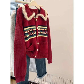 春 コーデ レディース ファッション オシャレ カワイイ シンプル きれいめ ナチュラル 上品カジュアル 婦人服 赤 セーター ジャケット ニット カーディガン 干支 トップス