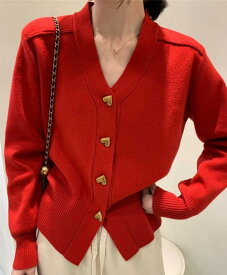 春 コーデ レディース ファッション オシャレ カワイイ シンプル きれいめ ナチュラル 上品カジュアル 婦人服 干支 Vネックカーディガン レッド ジャケット セーター ウール ニット トップス