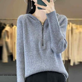 春 コーデ レディース ファッション オシャレ カワイイ シンプル きれいめ ナチュラル 上品カジュアル 婦人服 フード付き ウール セーター ハーフ ジップ プルオーバー シャツ トップス パーカー