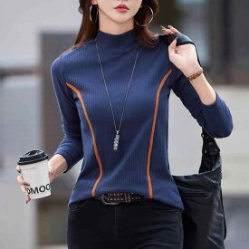 春 コーデ レディース ファッション オシャレ カワイイ シンプル きれいめ ナチュラル 上品カジュアル 婦人服 ハーフ タートルネックシャツ コットン スリムフィット インナー 長袖 Tシャツ ウエスタン トップス