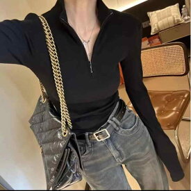 春 コーデ レディース ファッション オシャレ カワイイ シンプル きれいめ ナチュラル 上品カジュアル 婦人服 ハーフ オープン カラー ジッパー 長袖 トップス スリムフィット スタンドカラー スウェットシャツ