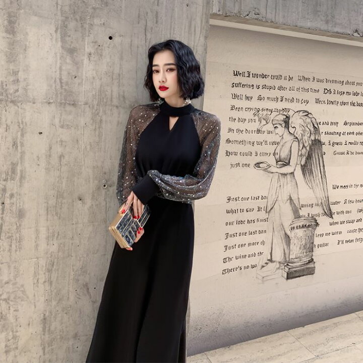 楽天市場】ロング丈シースルースリーブワンピース □ パーティードレス 