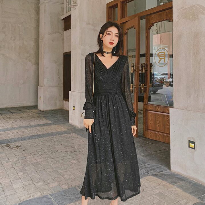 楽天市場】カシュクール長袖シフォンワンピース □ パーティードレス  