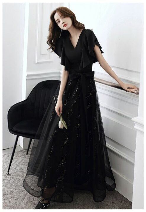 楽天市場】Vネックマキシ丈チュールワンピース □ パーティードレス  