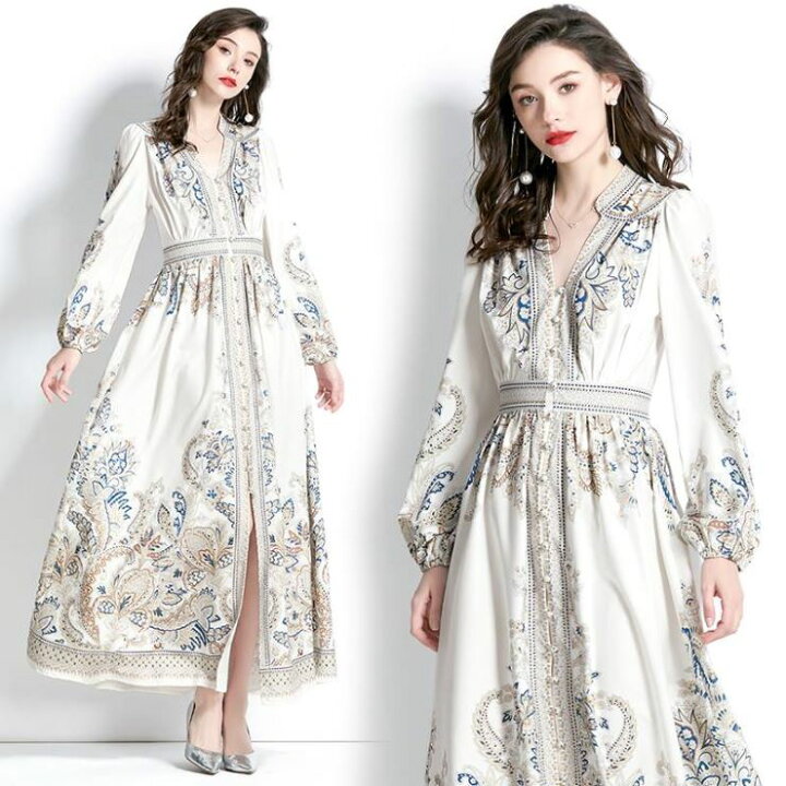 楽天市場】長袖オープンカラーロングワンピース □ ワンピース ドレス  