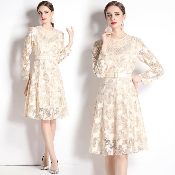 楽天市場】長袖総レースベルト付きひざ丈ワンピース □ ワンピース  