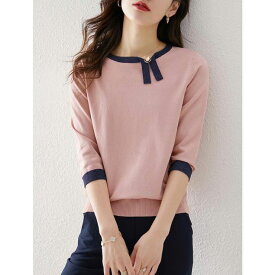 七分袖コントラストカラーサマーニット ■ ニット Knit トップス セーター Sweater