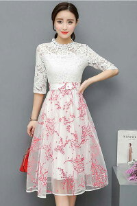 デートにぴったりの一着♪レーストップ×フラワースカートワンピース■ワンピース結婚式ワンピ二次会入学式入園式卒業式大人上品OLパーティードレスドレスフォーマルレディースミディアム丈5分袖・7分袖花柄レース春夏秋冬【8000円以上送料無料】