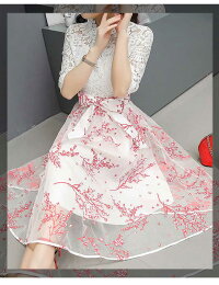 デートにぴったりの一着♪レーストップ×フラワースカートワンピース■ワンピース結婚式ワンピ二次会入学式入園式卒業式大人上品OLパーティードレスドレスフォーマルレディースミディアム丈5分袖・7分袖花柄レース春夏秋冬【8000円以上送料無料】