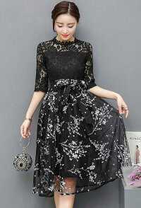 デートにぴったりの一着♪レーストップ×フラワースカートワンピース■ワンピース結婚式ワンピ二次会入学式入園式卒業式大人上品OLパーティードレスドレスフォーマルレディースミディアム丈5分袖・7分袖花柄レース春夏秋冬【8000円以上送料無料】