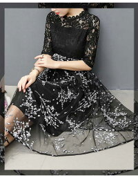 デートにぴったりの一着♪レーストップ×フラワースカートワンピース■ワンピース結婚式ワンピ二次会入学式入園式卒業式大人上品OLパーティードレスドレスフォーマルレディースミディアム丈5分袖・7分袖花柄レース春夏秋冬【8000円以上送料無料】
