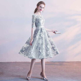 パーティードレス ワンピース 結婚式 披露宴 卒業式 入学式 発表会 二次会 シースルー フォーマル 20代 30代 40代 大人 レディース ミディアム丈 ひざ丈 5分袖・7分袖 春 夏 秋 冬