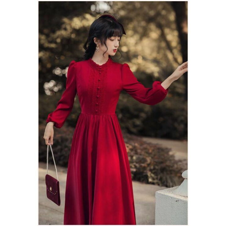 楽天市場】スタンドカラー長袖レトロロングワンピース □ ワンピース  