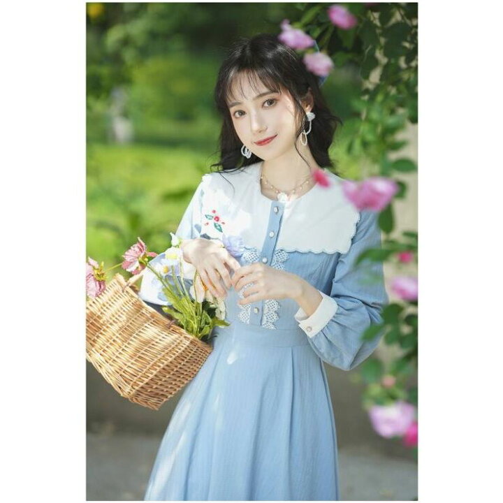 楽天市場】刺繍ステッチカラー長袖ロングワンピース □ ワンピース  