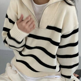 ハーフジップボーダーニット ■ ニット Knit トップス セーター Sweater レディース 春 夏 秋 冬