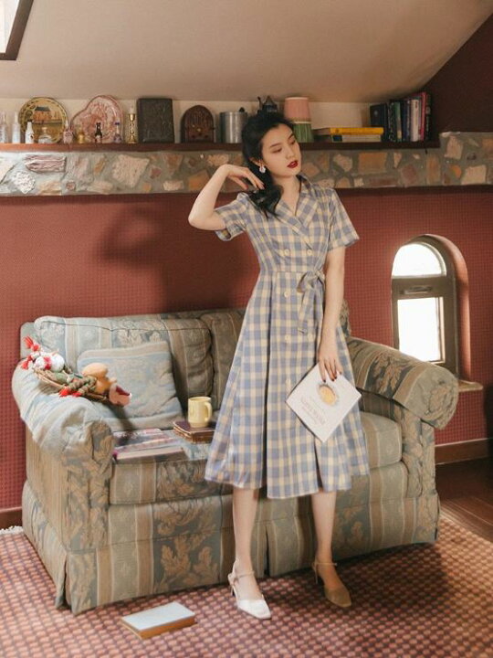 楽天市場 チェック柄レトロワンピース ワンピース 入園式 ワンピ 結婚式 二次会 入学式 大人 上品 卒業式 Ol レディース ロング丈 半袖 チェック柄 春 夏 秋 冬 Lideel リデール