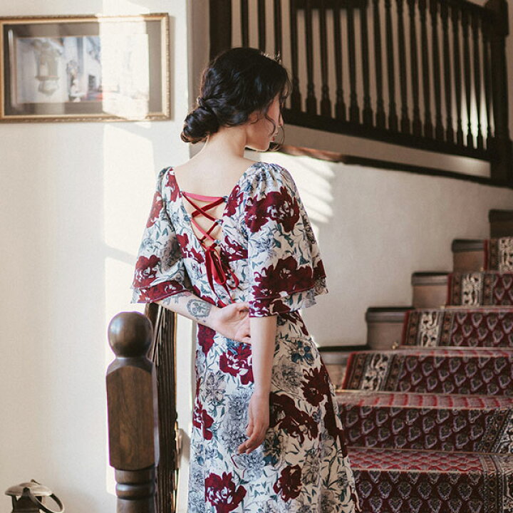 楽天市場 花柄プリントクラシカルワンピース ワンピース 結婚式 ドレス 結婚式 二次会 入園式 卒業式 大人 上品 入学式 Ol レディース ロング丈 5分袖 7分袖 花柄 春 夏 秋 冬 Lideel リデール