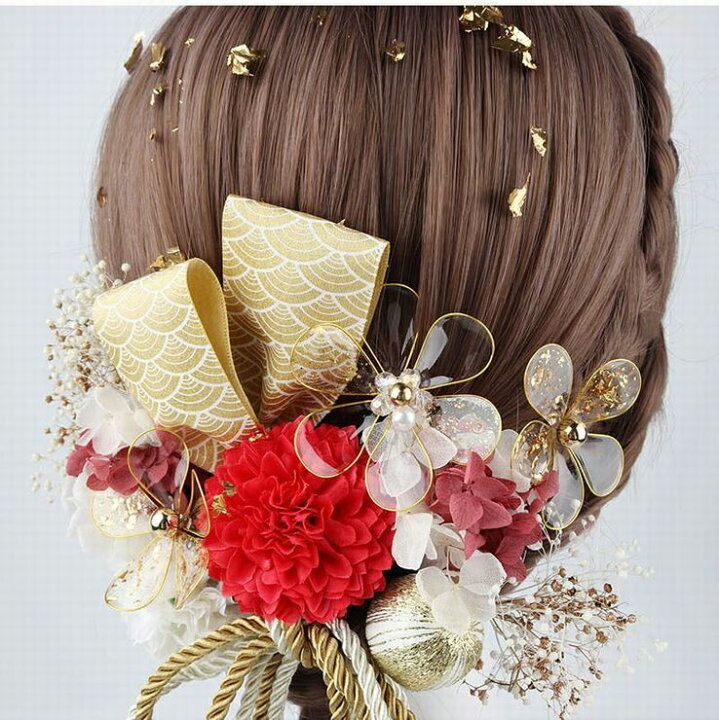 ヘッドパーツ　成人式　髪飾り　結婚式　ゴールド　ロープ　水引　かすみ草　紫陽花
