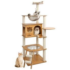 [CozyMeow] キャットタワー 木製 スリム 据え置き 宇宙船 大型猫用 猫タワー キャットハウス 爪とぎ 多頭飼い 高さ約150cm