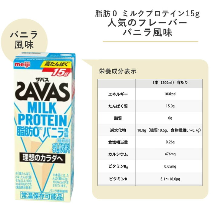 楽天市場】SAVAS(ザバス) バニラ味 MILK PROTEIN 脂肪 0 200ml×24本 