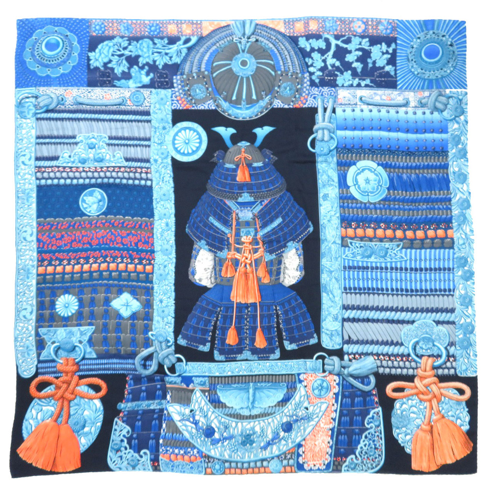 美品 エルメス カレ140  侍の鎧兜 Parures de Samourais カシミヤ シルク ブルー ストール 青 0120  HERMES