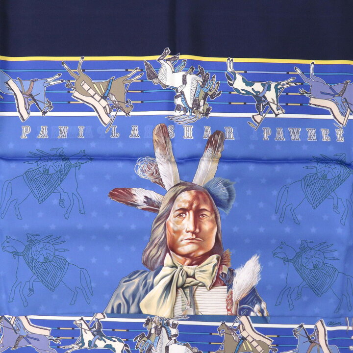 美品 エルメス パウニー族の首長 Pani La Shar Pawnee シルク ブルー  