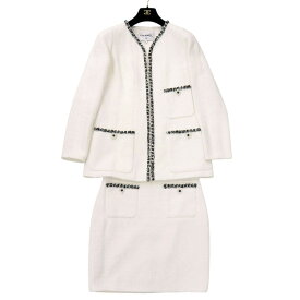 美品 シャネル ツイード コットン ストーン ポリアミド ホワイト セットアップ 白 1327【中古】CHANEL