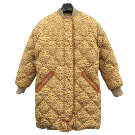 美品 エルメス ベルト付 リバーシブル ロング ダウンジャケット レザーパッチ Hロゴ 総柄 セリエボタン ダウンフェザー イエロー 0710【中古】HERMES