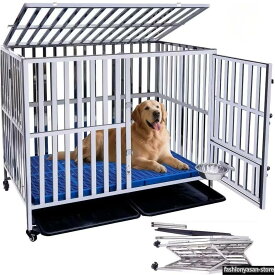 ペットケージ ステンレス鋼 犬のケージ 大型 犬 フェンス 折りたたみ可能 キャスター付き 掃除簡単 ダブルドア/トレー/マット/給餌