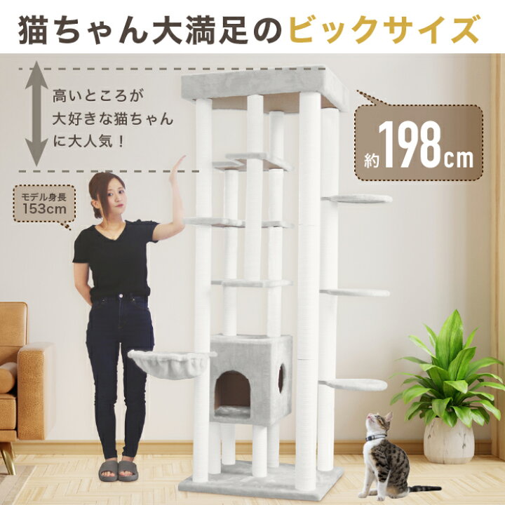 楽天市場 キャットタワー 据え置き型 Pecola 高さ198cm 猫タワー キャット タワー ツリー Cattle 木製 Mdf板材使用 猫 Cat 猫用品 爪とぎ ペット 多頭飼い 頑丈 落下防止柵 大型 ハンモック キャットハウス ねこ にゃんこ おしゃれ 低ホルム ライフマスターズ