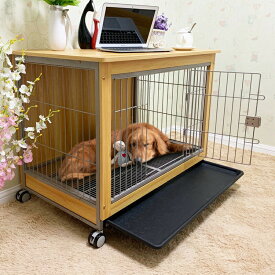 98×64×76.5cm キャスター付き 中型犬ケージ 大型犬ケージ 犬サークル オシャレ 移動便利 トレー付き ダークブラウン ナチュラルファニチャー ウッディサークル 木製 ペットケージ 犬ケージ
