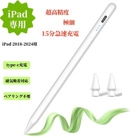 iPad専用 iPad 2018-2024用ペンシル 15分急速充電 iPadペンシル タッチペン パームリジェクション/高感度/磁気吸着 三つ表示灯