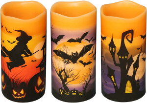 ハロウィン 3本キャンドル 電池式 デコレーション ハロウィン電飾 ledライト パーティ 化け物屋敷 祭りの雰囲気 室内 おしゃれ 装飾 小道具 撮影 雰囲気作り 学園祭道具 LEDピラーキャンドル