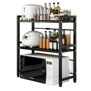2層レンジ上ラック、トースターラック、キッチン棚伸縮幅42~63cm(60CM以内がベスト) x 深さ36cm x 高さ79cm 収納ボードの高さは上下調整可能5.5CM キッチン収納棚デスクトップ収納可動フック付