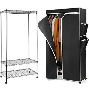 ハンガーラック幅92×奥行46×高さ173cm ワードローブ クローゼット カバー付き キャスター付 スチールラック メタル スリム 省スペース おしゃれ 頑丈 ハンガーかけ コートハンガー 洋服収納 (