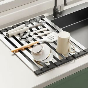 ステンレス製 折りたたみ水切りラック シンク上 耐荷重20kg|角棒設計 安定性強化 食器/鍋/まな板対応|錆び防止 食洗機OK 簡単収納(55CM)