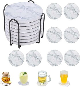 「1」コースター 8枚セット セラミック製 大理石材質 おしゃれ 吸水 速乾 断熱 珪藻土よりも良い 茶パッド カップマット 円型 保護コルク裏面 ホルダー付き(8枚セット)