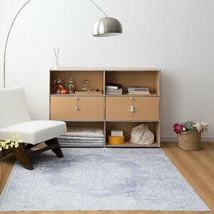 カーペット 2畳 ペルシャ 絨毯 ラグ マット 185X185CM 洗える 花柄 オールシーズン 軽量 滑り止め 防ダニ 防臭 ブルー 床暖房対応